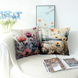 OYIMUA Set of 4 Linen Cushion Covers 50cm x 50cm Purple Floral Cushions Covers Square Cushion Cover 20x20 inches Decorative Pillows Sofa Throw Pillow Cases Outdoor Cushion Cases Home Decor