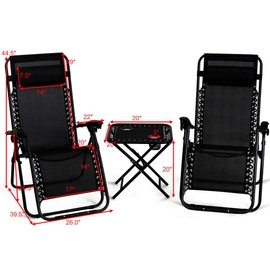 TimmyHouse Folding Zero Gravity Recliner Lounge Chairs Table Set Camping Beach Black 3 pcs