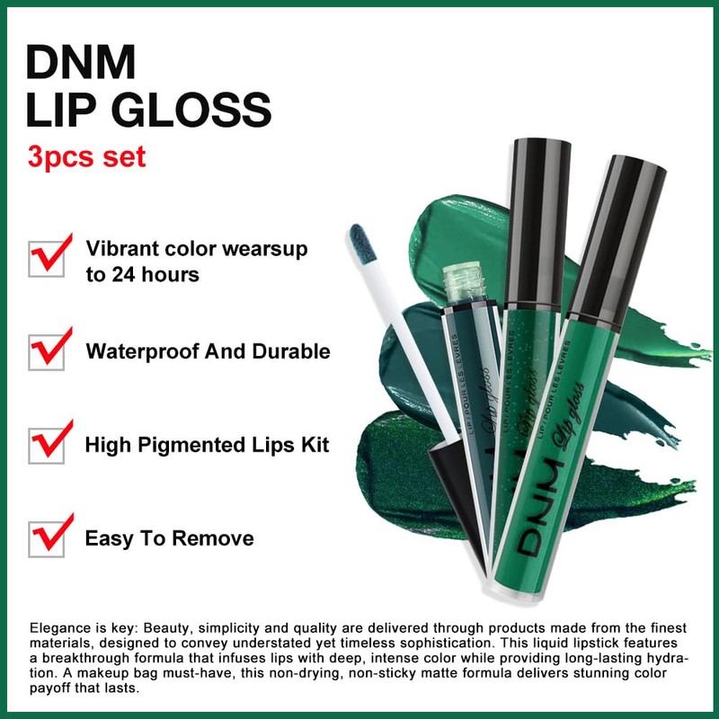evpct 3Pcs Dark Deep Forest Green Shimmer Matte Liquid Lipstick