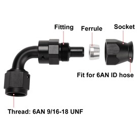 Podavelle 6AN PTFE Hose End Fitting 90 Degree Elbow Swivel Aluminum Black