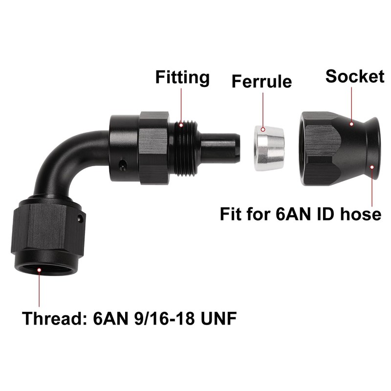 Podavelle 6AN PTFE Hose End Fitting 90 Degree Elbow Swivel