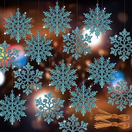 RECUTMS 40Pieces Blue Glitter Snowflake Winter Snowflake Ornaments Christmas Hanging Decorations for Christmas Tree Wedding Embellishing Party Decorations,4 Inches,2 Pattern (Blue)