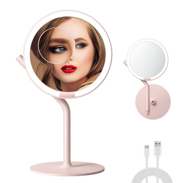 AMIRO Rechargeable Mirror LED Illuminated with 5x Magnification, Dimmable Brightness and 180° Rotation, Makeup Mirror with Light for Home and on Travelling Pink