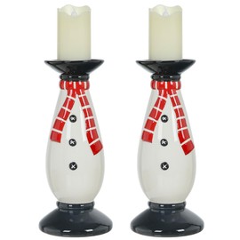 Set of 2 Christmas Hand-Painted Ceramic Large Candle Holders for Pillar Candles (Snowman)