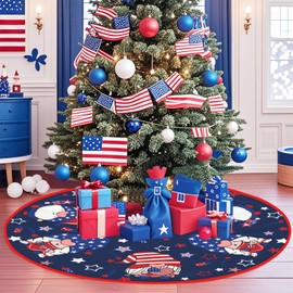 Happy 4th of July Patriotic Christmas Tree Skirt 30 Inch Gnome Stars Stripes Holiday Party Supplies Xmas Tree Mat Decorations