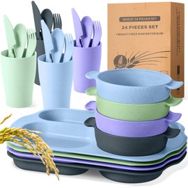 Honoson Set de 24 Cubiertos Vajillas Irrompibles de Paja de Trigo, Platos para Niños Tazón Apto para Microondas Lavavajillas Vajilla Cuchara Cuchillo 