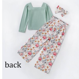 Momkonzz Girls Clothes Kids Outfits Children Long Sleeve Tshirt Sqaure Neck Tops Toddler Floral Wide Legged Pants 3PCS Clothing Set with Headband Green 6-7 Years