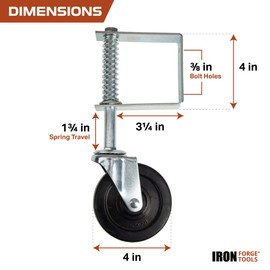 Iron Forge Tools 4 Inch Hard Rubber Swivel Mount Gate Wheel for Wooden Gates - Heavy Duty Gate Wheel with 360 Degree Swivel, Spring Loaded - 1 x 4 Inch Mounting Plate - 125 LB Capacity