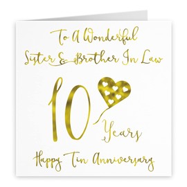 Hunts England - Sister And Brother In Law 10th Anniversary Card - To A Wonderful Sister & Brother In Law - 10 Years - Happy Tin Anniversary - Milano Collection