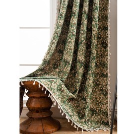 Tokusyou Vintage Flower Curtains, Country House Style, Opaque Curtains, Green Linen Look, Boho Jacquard Cotton Curtain with Tassel, Rod Pocket for Living Room, Kitchen, Bedroom, 1 Piece, W 150 x H 240