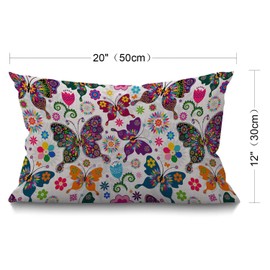 BGBDEIA Butterfly Cushion Cover Farmhouse Spring White Floral Pattern with Colorful Butterflies and Flowers Decorations Pillow Cover Case for Sofa Couch Cotton Linen 30 x 50 cm 12x20 Inches