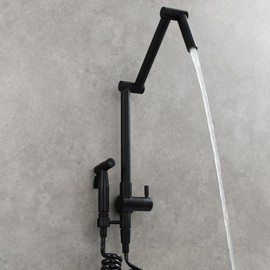 Kitchen Faucet with Sprayer, ​Single Cold Pot Filler Faucet with Swing Arm, Solid Brass Wall-Mount Retractable Kitchen Sink Faucet, Pull Out One Hole Bidet Faucet,Black(Black)