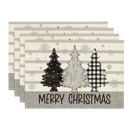 Artoid Mode Stripes Pine Trees Snowflake Merry Christmas Placemats Set of 4, 12x18 Inch Winter Xmas Table Mats for Party Kitchen Dining Decoration