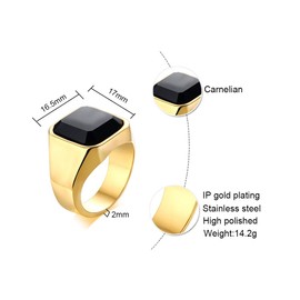Gold Plated Stainless Steel Signet Rings with Black Agate for Men,Pinky Ring Band for Men,Gemstone Ring for Men,size 7