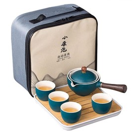 Youngky Porcelain Chinese Ceramic Gongfu Tea Set,Portable Travel Tea Set with 360 Rotation Tea maker and Infuser, All in One Gift Bag for Travel,Home,Gifting,and Office (Green)