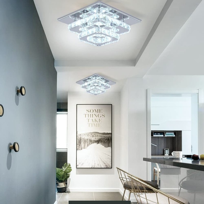 FRIXCHUR Crystal Ceiling Light Square Chandelier Modern LED Flush Mount