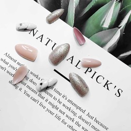 SINLOV 24pcs Almond Fake Nails Glossy Print on False Nails Glitter Long French Finger Nails Full Cover False Nails for Women and Girls