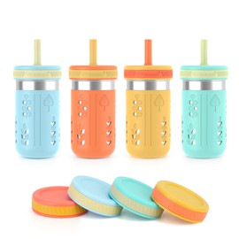 Tronco 4 Pack 15oz 2-in-1 Stainless Steel Kids Tumbler Cups with Silicone Sleeves, Spill-Resistant Flexible Straws & Storage Lids, BPA-Free Smoothie and Snack Cups, Dishwasher Safe