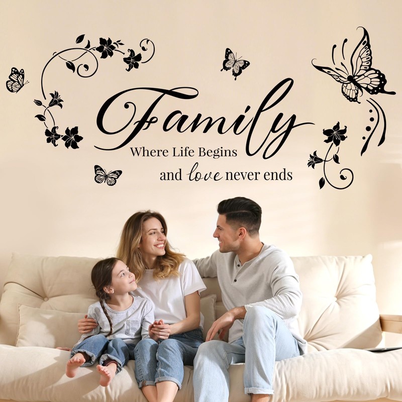 SHUCHING Family Quote Wall Stickers Peel and Stick, Removable Butterfly