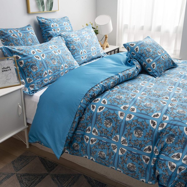 Softta Twin XL Size Luxury Vintage Lovely Zebra Pattern Bohemia Kids Bedding Sets 3Pcs Duvet Cover Sets Stamp Style Square Geometry Blue for Teen Girls Modern Zipper Closure Bedding Collection