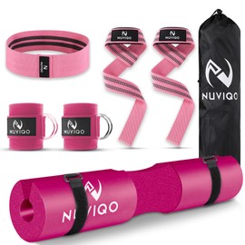 Nuviqo 9 Pcs Gym Accessories Set Featuring Barbell Pad with 2 Safety Straps - 2 Ankle Straps for Cable Machine - 2 Weight Lifting Straps - Hip Resistance Band - Carry Bag for Hip Thrust Pad - Pink