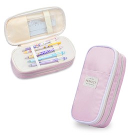 Tanou Pencil Case with Large Capacity, 3 Compartments Pencil Case Aesthetic for School, Durable Stationery Bag for Girls and Teenagers, pink, pencil case