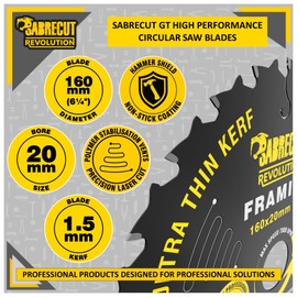 1 x SCCSN20160_24 SabreCut 160mm 24T x 20mm Bore High Performance Ultra Thin Kerf Wood Plywood MDF Chipboard Framing Circular Saw Blade