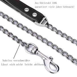 YOTHIWAD Metal Dog Lead, Strong Heavy Duty Chew Resistant Dog Lead, Durable Stainless Steel, Comfortable Genuine Leather Handle, Walking Training Lead for Medium Large Dogs (180 cm)