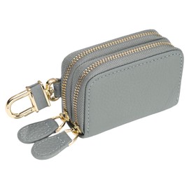 uxcell Genuine Leather Car Key Fob Case, Universal Car Key Fob Holder, Double Layer Zipper Key Case Bag for Men Women, Light Blue