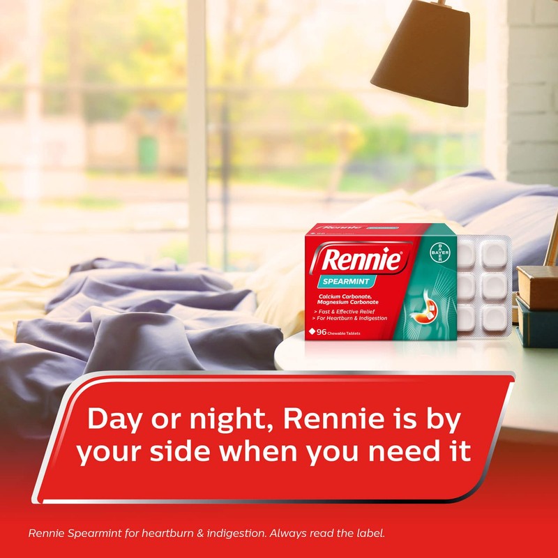 Rennie Rennie Antacids, Spearmint Flavour Heartburn Relief and Indigestion Tablets,