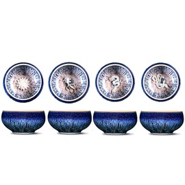 CmengAo Tenmokus Tea Cups Set of 4, Handmade Ceramic Jianzhan Tea Cup with 3d Lotus, Goldfish, Dragon and Phoenix Decorations in Bottom, Blue Starry Sky Glaze Chinese Gongfu Teacups (100 ml)