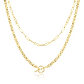Jewlpire Layered Gold Necklace for Women, 14K Plated Gold Layered Necklaces for Women Trendy Dainty Gold Chain Necklace for Women Paperclip Chain Cuban Chain with Toggle Clasp Pendant Necklace