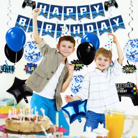 Video Game Birthday Party Decorations - 36 Pcs Navy Blue Game On Theme Birthday Party Supplies Happy Gaming Banner, Hanging Swirls, Balloons and Foil Gamer Balloons for Boys