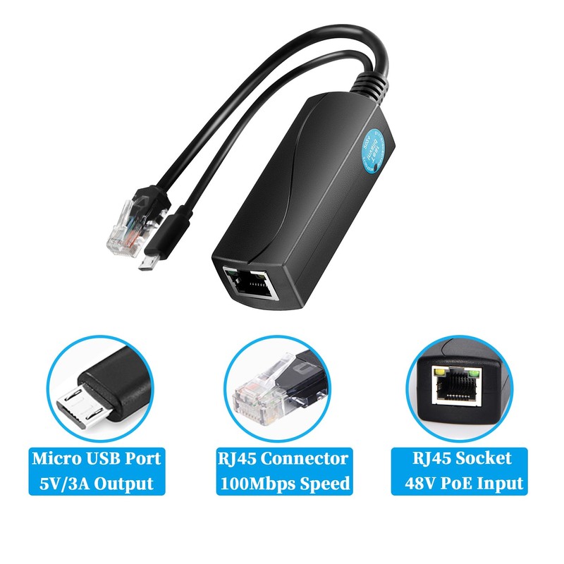 Revotech Active PoE Splitter 5V/3A Micro USB Plug, 48V PoE