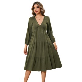 R.Vivimos Women's Fall Casual Gauze Cotton Dresses V Neck Long Sleeve Ruffle Tiered Flowy Midi Dress with Pockets (Medium, Army Green)