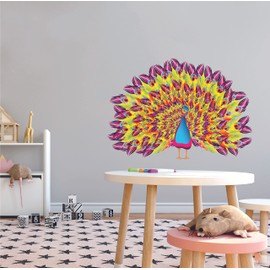 PEACOCK - Kids Room Family Room Peacock Wall Decor Art Multicolored Feathers Design Vinyl Wall Decal Sticker - Home Living Room Art Forest Bird Animal Decor Adhesive Wall Decoration 40" x 28"