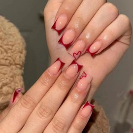 24Pcs Valentine's Day French Tips Press on Nails - Short Square Fake Nails With Red Heart Designs, Wine Red Glue-on Acrylic Full Cover False Nails for Women
