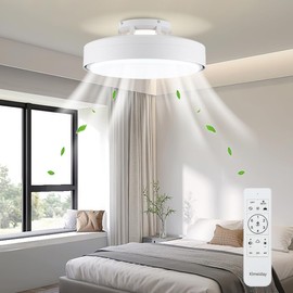 Klmeiday Modern Bladeless Ceiling Fans with Lights and Remote, Reversible, DC Motor 6 Speeds, Stepless dimming and CCT 3000K-6000K LED Lights for Bedroom Kids Room (A07-White, 17.72IN)
