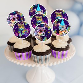 Cheereveal 36 Pieces Rainbow Cheetah Cupcake Toppers for Boys Girls - Leopard Print Cupcake Picks, Jungle Safari Animal Birthday Party Baby Shower Decorations