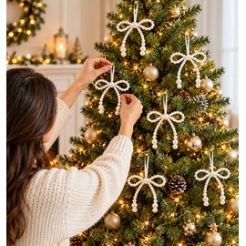Pearl Bow Christmas Decorations for Holiday Display – Hand-Woven Hanging Ornaments in 6 or 12-Piece Sets for Tree & Room Decor