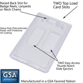 Heavy Duty Dual Sided Badge Holder - Holds 2 Cards - Polycarbonate Vertical - Durable Rigid Clear Hard Plastic Badges - Secure Top Load Sleeve Card Protector Case by Specialist ID, Sold Individually