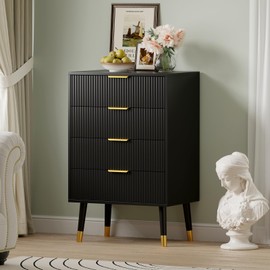 GarveeHome Fluted 4 Drawer Dresser Black Dresser with Gold Metal Handles Small Dresser Storage Chest Cabinet Organizer Wood Chest of Drawers for Bedroom,Living Room - Black