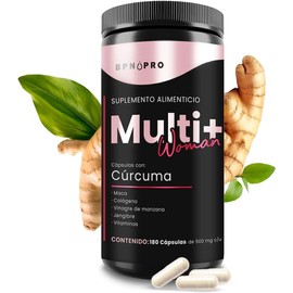 Multivitaminico para Mujer, 180 Cápsulas, con Colágeno, Cúrcuma, Pimienta Negra, Vinagre de Manzana, Jengibre, Biotina y Ácido Fólico, Suplemento Completo.