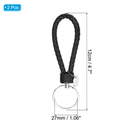 PATIKIL Braided Leather Keychain with Stainless Steel Key Ring Sleeve, 2 Pack PU Woven Wristlet Lanyard Strap Fob Keyring Holder for Car Bag Wallet Pendant, Black