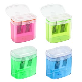 Funngy Pencil Sharpener,4 PCS Coloured Plastic Manual Pencil Sharpener with Lid Dual Hole Handheld Sharpeners Pencils Sharpeners with Container for Kids Students Home Office and School Supplies