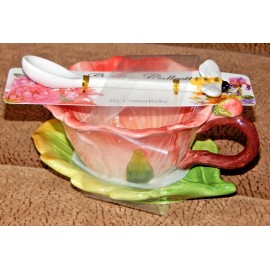 Corner Ruby Garden Collection Salmon Pink Flower Teacup Leaf Saucer & Spoon NWT