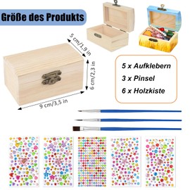 Small Wooden Box, Pack of 6 Small Wooden Treasure Chest, Small Wooden Box Painting, Mini Treasure Chest with Lid, Rectangular Wooden Treasure Box, with Stickers and Brushes, for Storage and Decorating