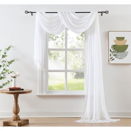 White Sheer Window Scarf Valance Curtains 18ft for Living Room, Home Decor, 52"x216" Long Chiffon Crinkle Soft Window Top Sheer Voile Swag Valance for Wedding Party Decor, 1 Piece