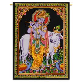 Lord Krishna Indian Decor Cotton Tapestry Poster Size Black Wandbehang 42 "x 30"