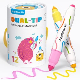 JUPITEARTH Washable Dual Tip Markers for Kids, Broad & Round Tip, Easy-Grip Design for Little Hands, 12 Vibrant Colors Toddler Markers with Portable Case, Preschool Art Supplies for Kids Toddlers